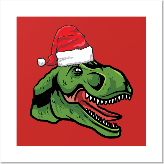 Santa Hat-Wearing T-Rex Funny Christmas Holiday Wall Art by Contentarama